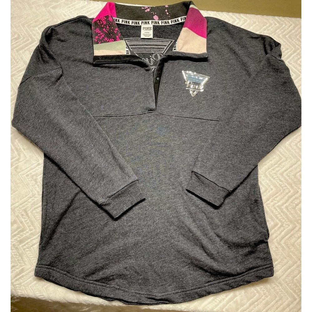 Victoria’s Secret PINK Sequin Quarter Zip Pullover Medium Gray Colorblock Collar